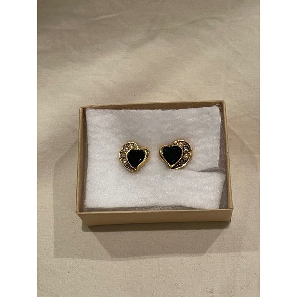 Vintage Avon Heart Shaped Rhinestone Edged With Black Gold Tone Clip-on Earrings - Picture 10 of 10